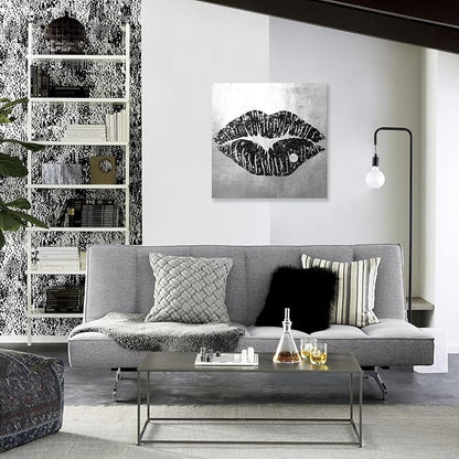 Lip Canvas Wall Art Black and Grey Wall Decor Sexy Lip Poster Framed Picture Gray Room Decor for Bedroom Bathroom Makeup Room 24x24Inch