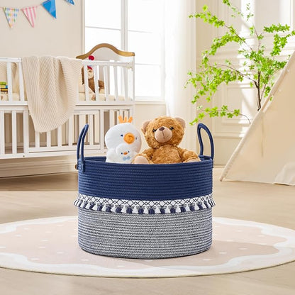 KAKAMAY Cotton Rope Storage Basket (20"x13"),Woven Hamper for Blankets,Toys,Pillows,Clothes,Laundry,Sturdy Handles Decorative Basket for Living Room, Bedroom,Nursery(Blue/White)
