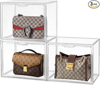 HBlife 3 Pack Purse Storage Organizer for Closet, Large Clear Stackable Handbag Display Case Box with Magnetic Door for Collectibles, Cosmetics, Women Heels and Toys