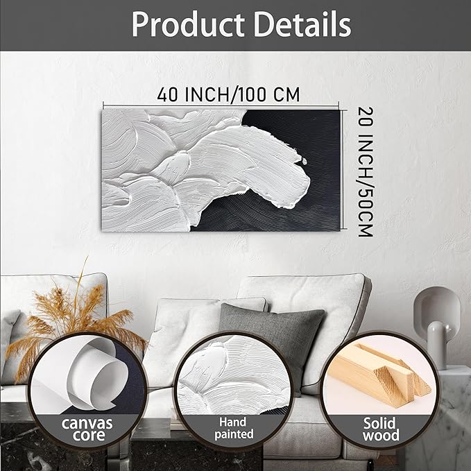 Tarfupth Black and White Abstract Wall Art for Living Room Hand-Painted Large Abstract Wave Oil Paintings Textured Artwork for Bedroom Office Home Decor 20x40 Inch