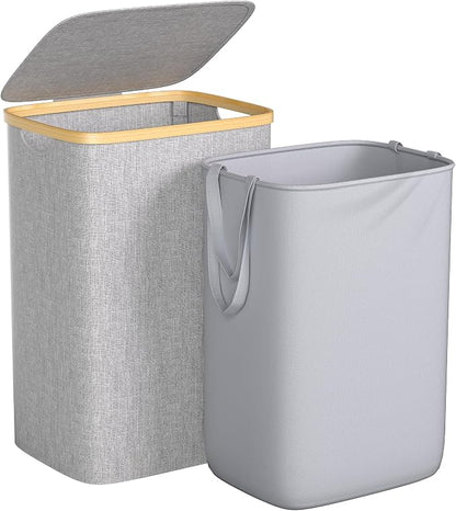 Foluck Large Laundry Hamper, 75L Waterproof Laundry Basket with Lid and Removable Bag, Collapsible Tall Clothes Hamper with Bamboo Handles for Clothes Toys in Dorm Bedroom Bathroom, Grey