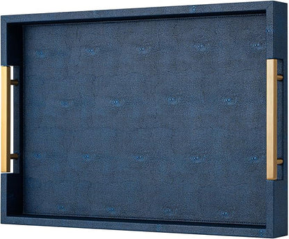 Navy Blue Faux Leather Serving Tray with Handles – Large Decorative Tray for Coffee Table, Ottoman, Living Room, Bathroom – Home Decor
