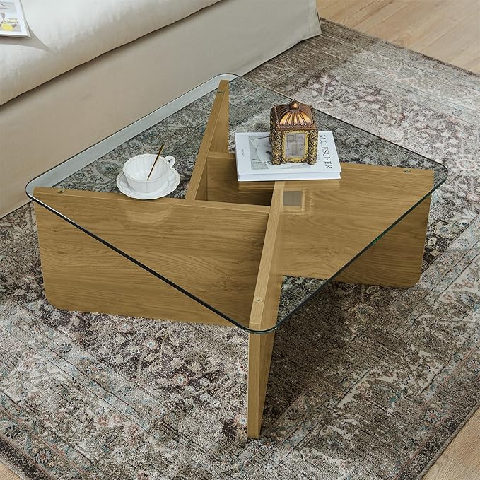 LKTART 31.5" Glass Coffee Table, MDF Mid-Century Modern Square Coffee Table with Tempered Glass Top, Square Center Tables for Small Space Living Room Office Apartment, Wood