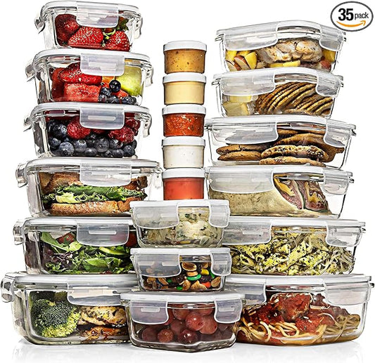 Razab 35 Pc Set Glass Food Storage Containers with Lids - Meal Prep Airtight Bento Boxes BPA-Free 100% Leak Proof (15 lids,15 glass & 5 Plastic Sauce/Dip Containers)
