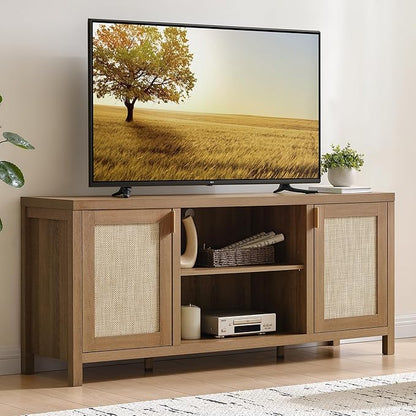 SICOTAS TV Stands for Living Room : Rattan TV Console Cabinet with Storage and Shelf, Boho Entertainment Center, 59" Media Console for 55, 65 Inch TV, 26" Tall Television Stands, Oak