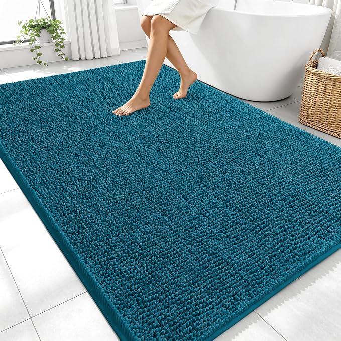 OLANLY Large Bathroom Rugs 70x46, Extra Soft Absorbent Chenille Bath Rugs, Rubber Backing Quick Dry, Machine Washable Bath Mats for Bathroom Floor, Tub and Shower, Home Decor Accessories, Peacock Blue