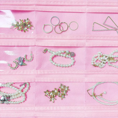 1 Pack Hanging Jewelry Organizer 80-Pocket Dual-sided Jewelry Storage for Earring Necklace Bracelet Ring Travel Holder, Pink