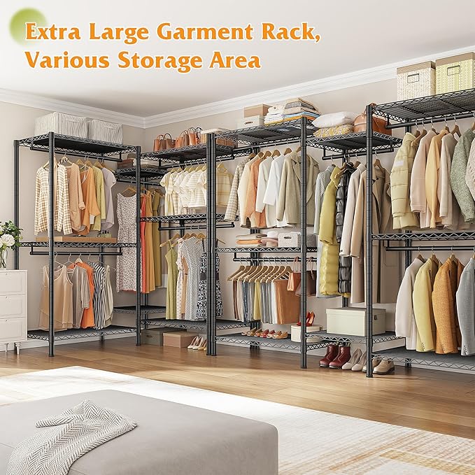 Raybee L Shaped Clothes Rack for Corner, Clothing Racks for Hanging Clothes, 900LBS Heavy Duty Clothes Rack Garment Rack 74.5" W X 18" D X 77" H, Black