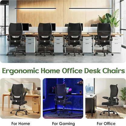Office Chair Ergonomic Desk Chair - Comfy Mesh High Back Office Chair with Lumbar Support Wheel Home Desk Office Chairs Flip up Armrest Executive Rolling Swivel Task Computer Chair Black Silver