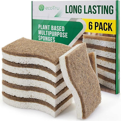 6 Pack Natural Kitchen Sponges, Compostable White Cellulose & Organic Coconut Scrubber Sponge for Washing Dishes, Kind Eco Friendly Non Toxic & Biodegradable Dishwashing Sponges