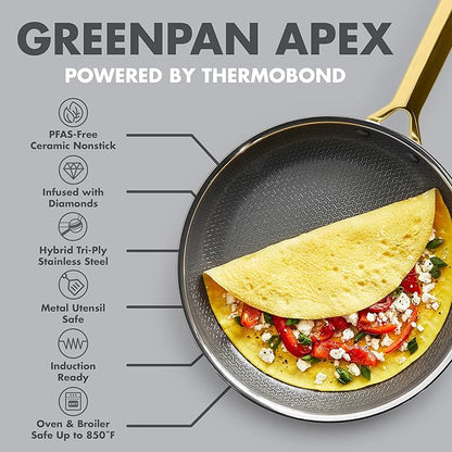 GreenPan Hybrid 10” Nonstick Stainless Steel Frying Pan Skillet, APEX Tri-Ply Thermobond PFAS-Free Ceramic Cookware, Induction & All Cooktop Compatible, Oven Temp to 850°F, Dishwasher Safe, Gold