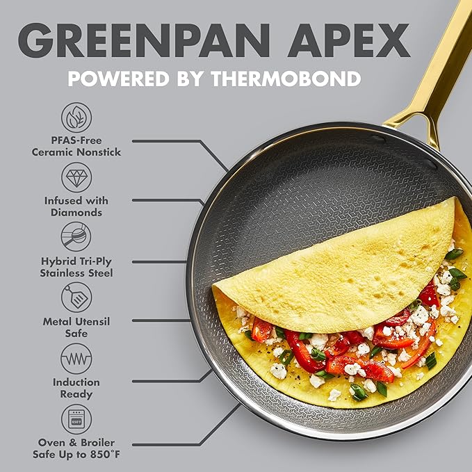 GreenPan Hybrid 8” Nonstick Stainless Steel Frying Pan Skillet, APEX Tri-Ply Thermobond PFAS-Free Ceramic Cookware, Induction & All Cooktop Compatible, Oven Temp to 850°F, Dishwasher Safe, Gold
