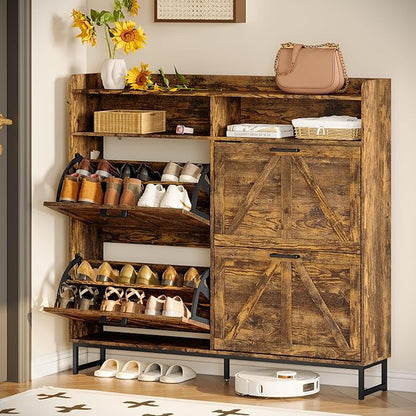 Shoe Cabinet Storage for Entryway, Shoe Storage Cabinet with 3 Flip Drawers, Freestanding Narrow Shoe Rack Organizer with Metal Legs for Foyer, Hallway, Brown