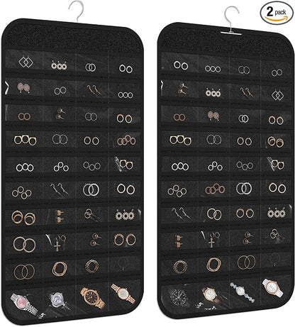 2 Pack Hanging Jewelry Organizer 80-Pocket Dual-sided Jewelry Storage for Earring Necklace Bracelet Ring Travel Holder, Black