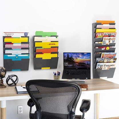 Gray Wall Mount Steel Vertical File Organizer Holder Rack 10 Sectional Modular Design Wider Than Letter Size 13 Inch Multi-Purpose Organize Display Magazines Sort Files and Folders