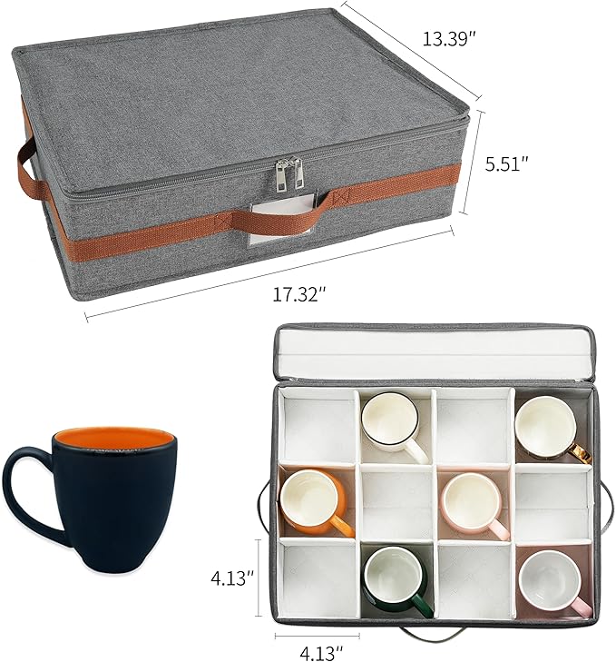 Mug storage box with divider, tea cup and coffee mug storage container with zipper cover and reinforced handle, hard shell, stackable, foldable (Grey red, 2 sets of mug storage Case)