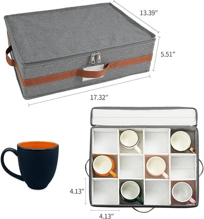 Mug storage box with divider, tea cup and coffee mug storage container with zipper cover and reinforced handle, hard shell, stackable, foldable (Grey red, Mug Storage Case)