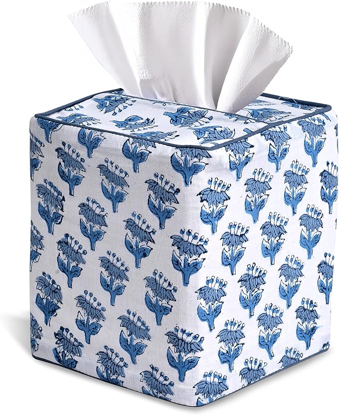 CPC Apatite Blue Hand Block Printed Cotton Tissue Box Cover 5" x 5" x 5.5" Square Soft Reusable Boho Napkin Holder for Home Kitchen Dining Bathroom Office Cafe Spa Summer Thanksgiving
