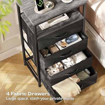 Huuger Night Stand with Charging Station, 4 Drawer Dresser for Bedroom, Bedside Table, 33.9 Inch Tall Nightstand with Open Shelf, End Table, for Closet, Entryway, Bedroooom, Gray