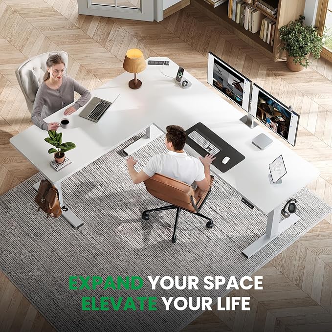 SIAGO L-Shaped Standing Desk - 63 x 55 Inch Adjustable Corner Standing Desk with Charging Station - L Shape Sit Stand Table with Memory Controller, Splice Board for Home Office
