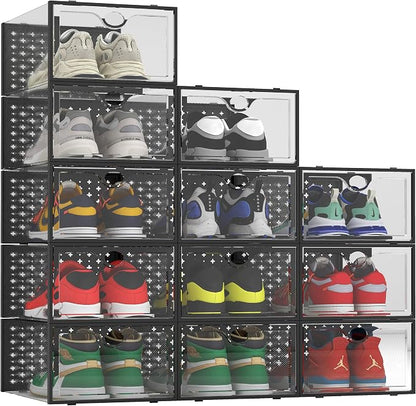Pinkpum 12 Pack XXL Shoe Storage Box Fit for Size 14, Clear Plastic Stackable Shoe Organizer for Closet, Shoe Containers Sneaker Storage Clear and Black