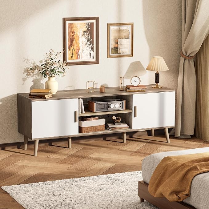 SUPERJARE TV Stand for 55 Inch TV, Entertainment Center with Adjustable Shelf, 2 Cabinets, TV Console Table, Media Console, Solid Wood Feet, Cord Holes, for Living Room, Bedroom, Gray and White