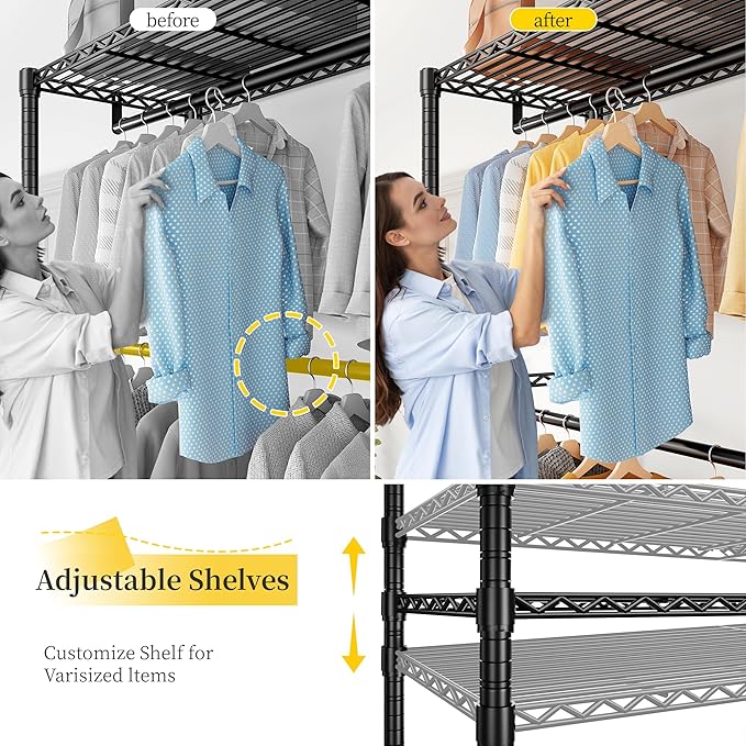 Raybee Clothes Rack Heavy Duty Loads 780LBS Clothing Racks for Hanging Clothes Adjustable Metal Portable Closet,45.5" W x 77" H x16.5 D Black