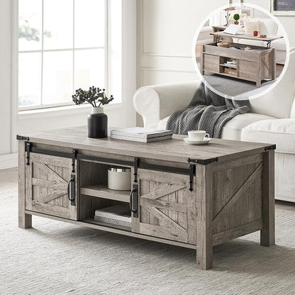 OKD 48" Farmhouse Lift Top Coffee Table with Sliding Barn Door,Rustic Center Table w/Hidden Storage Compartment, Lift Tabletop Dining Table w/Adjustable Shelf for Living Room,Light Rustic Oak