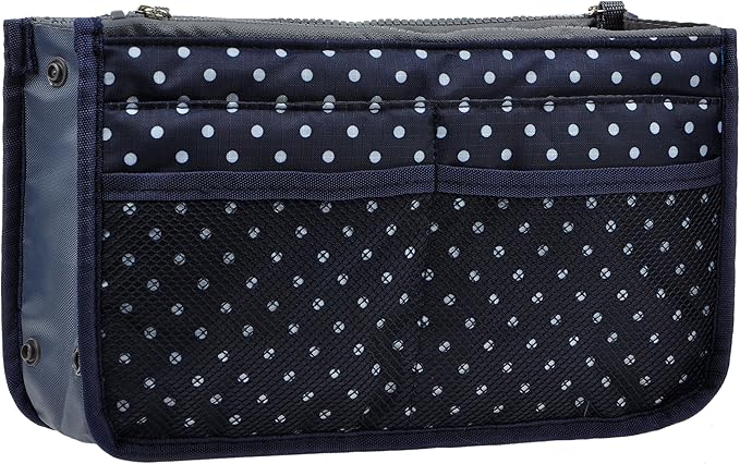 Vercord Purse Organizer Insert for Handbags Bag Organizers Inside Tote Pocketbook Women Nurse Nylon 13 Pockets Navy Blue Dot Medium
