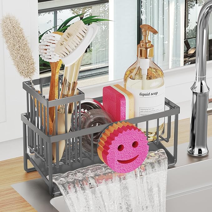 Taugast Sponge Holder for Kitchen Sink,Smiley Face Sink Caddy with Removable Brush Holder,Self-Draining Sponge Caddy for Soap,Dish Brush,Scrubber,Kitchen Essentials and Gadgets-Charcoal Gray