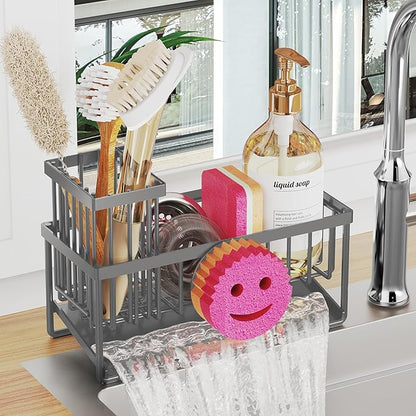 Taugast Sponge Holder for Kitchen Sink,Smiley Face Sink Caddy with Removable Brush Holder,Self-Draining Sponge Caddy for Soap,Dish Brush,Scrubber,Kitchen Essentials and Gadgets-Charcoal Gray
