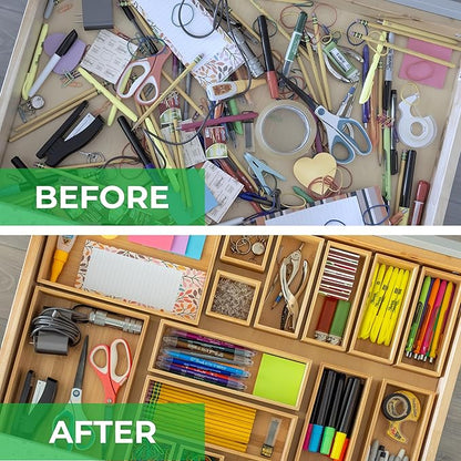 Grow Forward Bamboo Drawer Organizer Boxes - Set of 14 Wooden Drawer Organizers for Kitchen, Bathroom, Office, Desk, Vanity, Makeup - Non-Slip Junk Drawer Organizer Trays for Storage and Organization