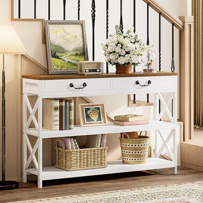 IRONCK Farmhouse Console Table, Sofa Table with Drawer, Narrow Long Entry Table with 2 Shelf for Entryway, Living Room, Hallway, White/Walnut