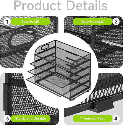 Cawukege 2 Pack 5 Tier Paper Organizer, Letter Tray with Handle, Mesh Desk Organizer, Metal File Organizer, Office Desk Accessories for Home, Office, Classroom, School -Black