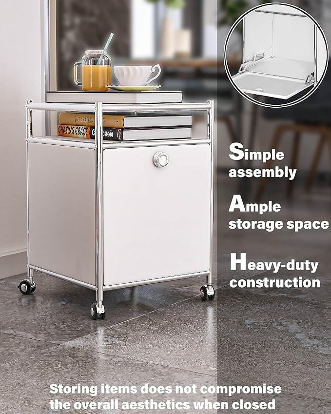 Simplink Matte Storage Cart with Flap Door, Large Capacity Storage Cart with Detachable Wheels, DIY Modern Home Furnishing, Great for Home, Office, Bedroom, Kitchen (White)