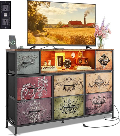 WLIVE Dresser TV Stand for 45, 50, 55 inch TV, Entertainment Center with LED Lights & Charging Station, Chest of Drawers with 8 Fabric Drawers and Open Shelves for Living Room, Hallway, Pattern