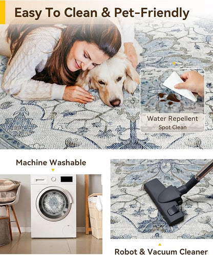 RELEANY Area Rugs Round 8ft Washable Non-Slip, Floral Vintage Distress Medallion Carpet for Living Room Bedroom Dining Room, Light Blue Navy Gray White