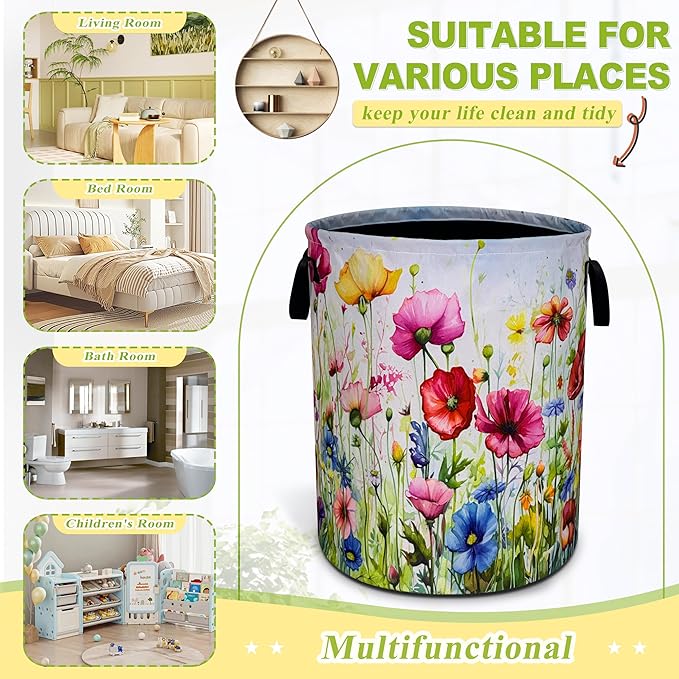Colorful Flowers Laundry Basket Boho Floral Print Foldable Waterproof Oxford Cloth Funny Tote Bag Laundry Hamper Clothes Storage Bucket Toy Organizer For Bathroom/Laundry Storage/Bedroom 18.9x16.5 In