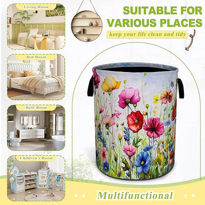 Colorful Flowers Laundry Basket Boho Floral Print Foldable Waterproof Oxford Cloth Funny Tote Bag Laundry Hamper Clothes Storage Bucket Toy Organizer For Bathroom/Laundry Storage/Bedroom 18.9x16.5 In