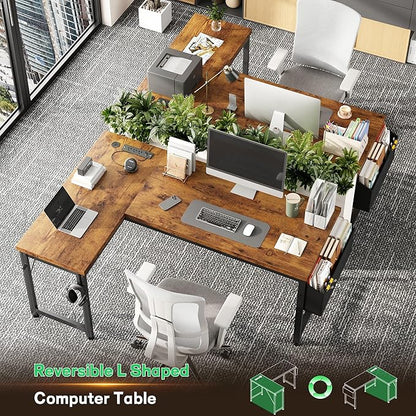 L Shaped Desk with 0.95 Inch Thicker Desktop & Storage Bag, Computer Desk with Power Outlets & Lights, Reversible Gaming Desk for Home Office, Corner Desk, Study Room, Living, Bedroom, Brown