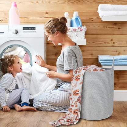 Cotton Rope Laundry Basket Hamper for Clothes Woven Storage Basket for Living Room Bedroom Boho Tall Rope Baskets for Blanket Toys Pillow Towels Baby Nursery Hamper Bin Large light grey