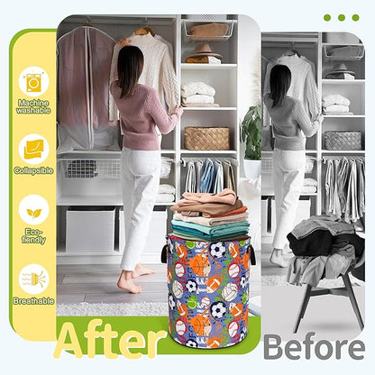 Balls Laundry Basket Funny Ball Sports Foldable Waterproof Oxford Cloth Tote Bag Laundry Hamper Round Large Clothes Storage Bucket Toy Organizer For Bathroom/Laundry Storage/Bedroom 18.9x16.5 Inch