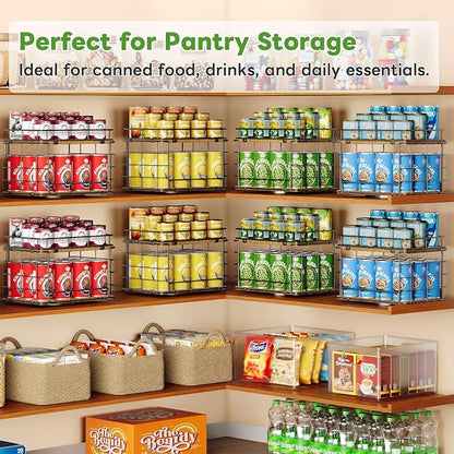 360° Rotating Can Rack Organizer for Pantry, 2-Tier Lazy Susan Can Organizer Holds Up to 26 Soda Cans, Metal Wire & Wood Shelf with Turntable Storage for Kitchen Cabinet, Pantry & Countertop