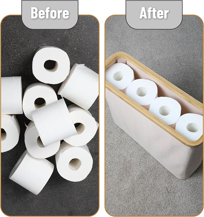 BAMBOO LAND- Toilet Paper Storage with Bamboo Lid for 12 Rolls, Beige, Waterproof Bamboo Toilet Paper Holder Basket