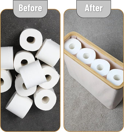 BAMBOO LAND- Toilet Paper Storage with Bamboo Lid for 12 Rolls, Beige, Waterproof Bamboo Toilet Paper Holder Basket