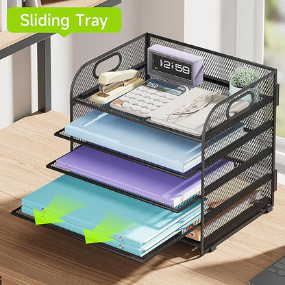 Cawukege 2 Pack 5 Tier Paper Organizer, Letter Tray with Handle, Mesh Desk Organizer, Metal File Organizer, Office Desk Accessories for Home, Office, Classroom, School -Black
