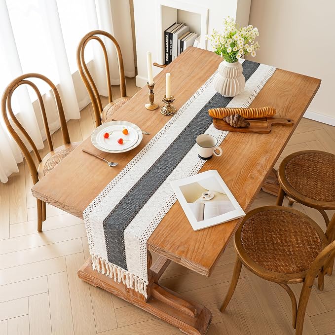 FEXIA Boho Table Runner for Summer Home Decor with Tassels 90 Inches Long Farmhouse Grey Rustic Burlap Table Runner Macrame Table Decoration for Kitchen Bedroom Living Room (12x90 Inches)