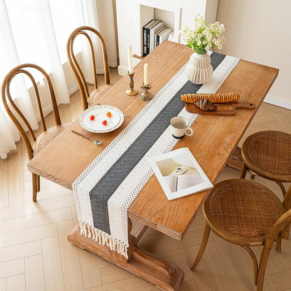 FEXIA Boho Table Runner for Summer Home Decor with Tassels 90 Inches Long Farmhouse Grey Rustic Burlap Table Runner Macrame Table Decoration for Kitchen Bedroom Living Room (12x90 Inches)