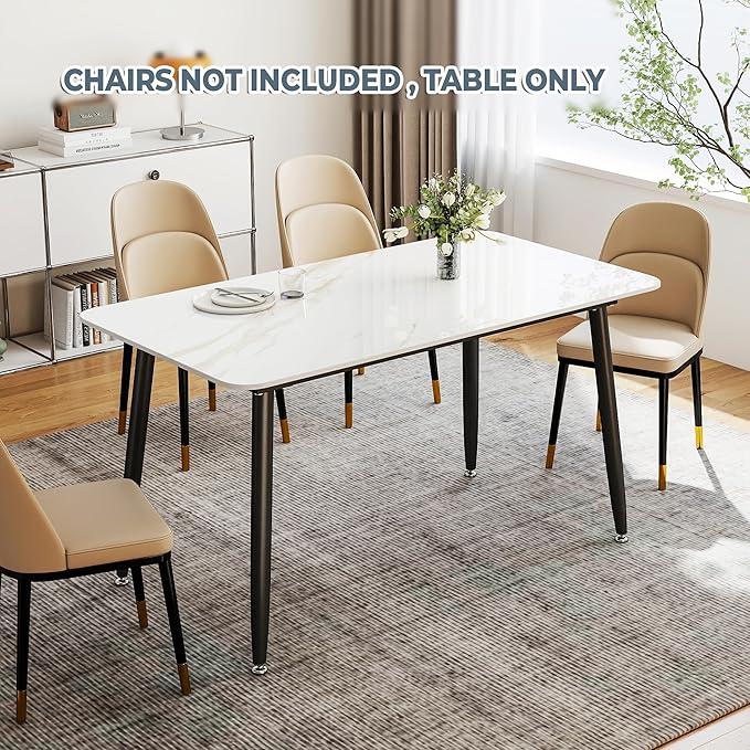 Dining Table, Sintered Stone Kitchen Table, 55'' White Modern Rectangular Slate Patio Table with Metal Legs, Indoor Outdoor Stone Dining Table for Patio, Backyard, Scratch and Heat Resistant