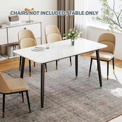 Dining Table, Sintered Stone Kitchen Table, 55'' White Modern Rectangular Slate Patio Table with Metal Legs, Indoor Outdoor Stone Dining Table for Patio, Backyard, Scratch and Heat Resistant